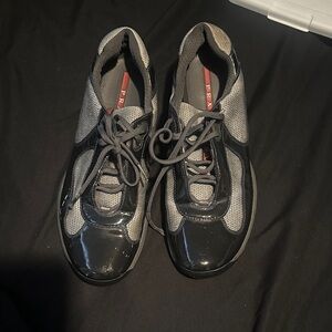 Prada Glossy Black and Mesh Gray Sneakers